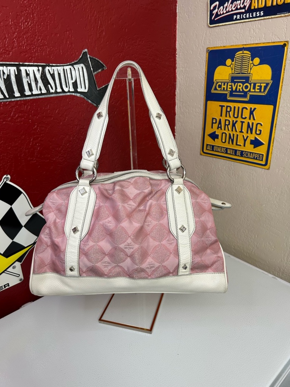 MCM Pink and White Quilted Logo Satchel